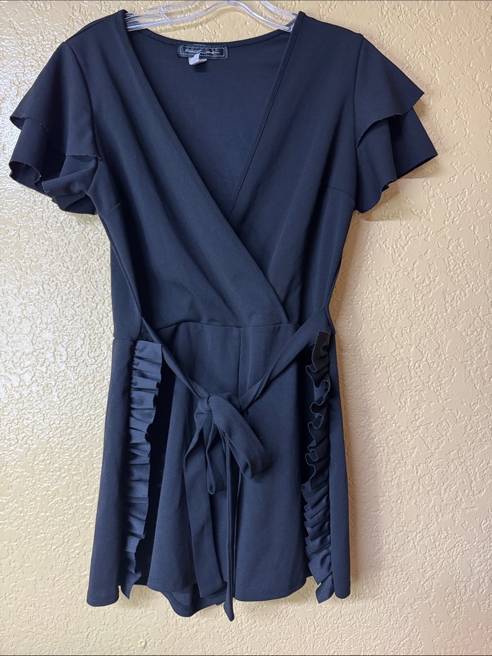 Black Ruffle Wrap Mini Dress with Tie Waist